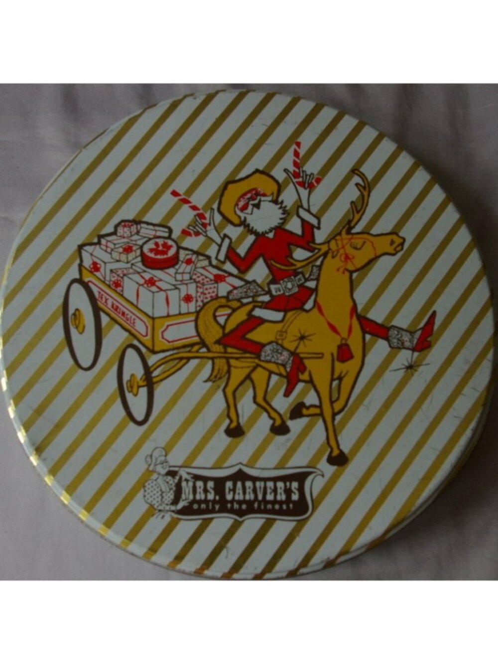 Vintage Christmas Cookie Tin Mrs. Carvers Only The Finest Santa Reindeer 10"